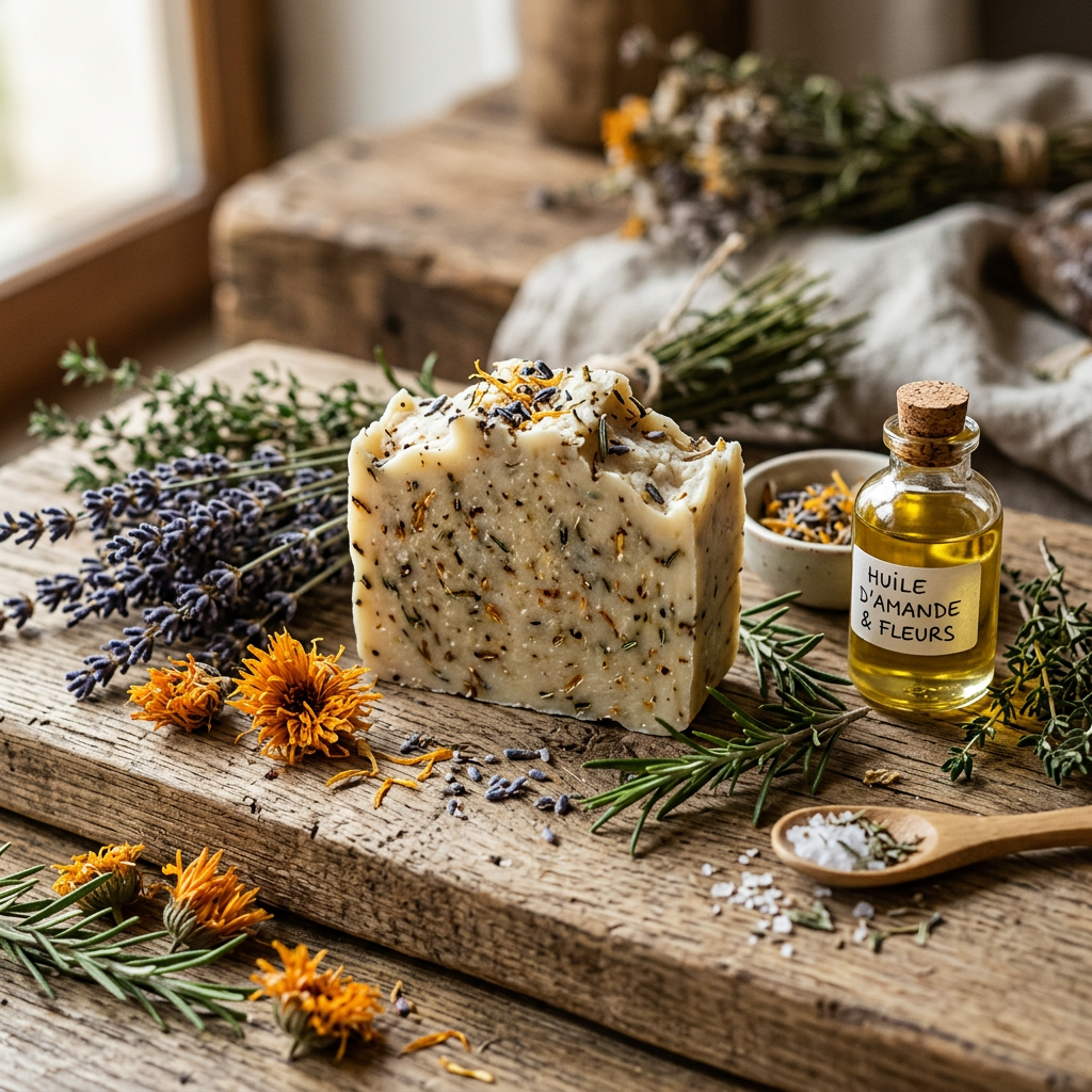 Handmade herbal soap bar with dried lavender, calendula flowers, and a bottle of almond and flower oil